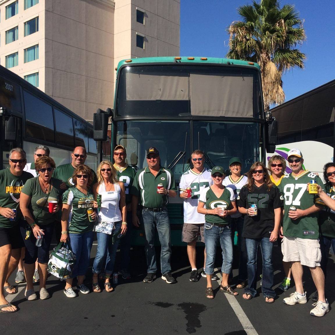 Green Bay Packers fans in front of their Rally bus in San Francisco, CA. 